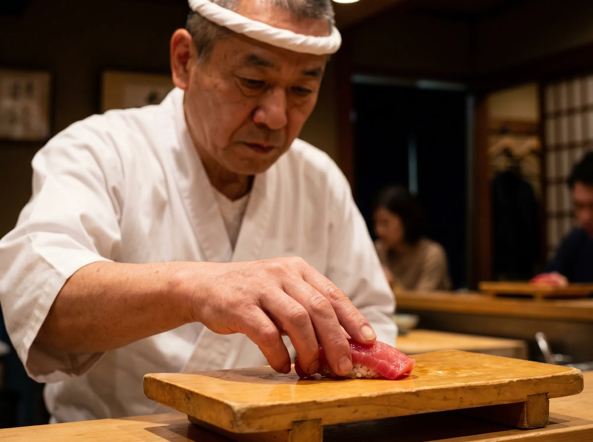 A sushi master placing nigiri on a wooden board